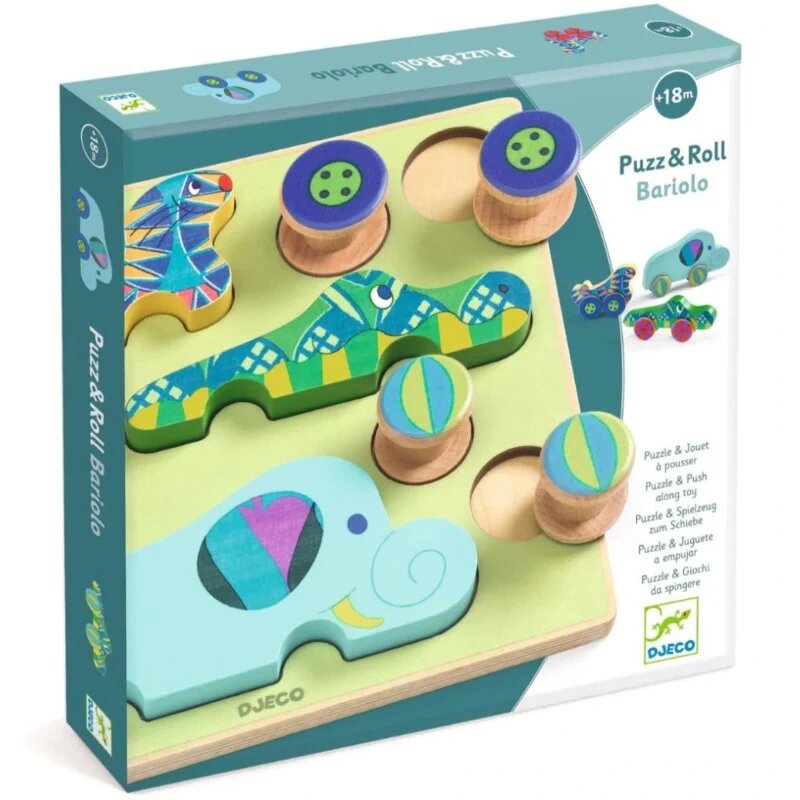 DJECO Puzzle & Push Along Toy Animal Toy Cars interaktív formaberakó játék 18m+ 12 db
