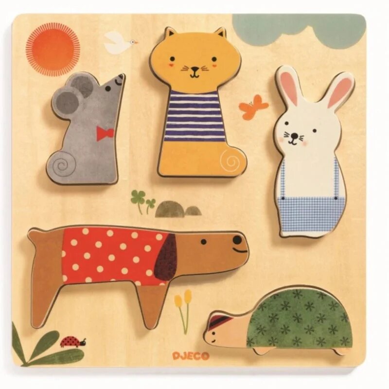 DJECO Wooden Block Puzzle Pets interaktív formaberakó játék 12m+ 1 db