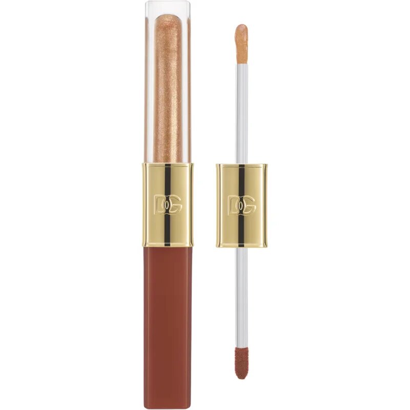 Dolce&Gabbana Make It Double! Lip Tint & Gloss Duo hosszan tartó rúzs és ajakfény 2 az 1-ben árnyalat 04 Caramel Cola - Brown & Gold Shimmer 2x2 ml