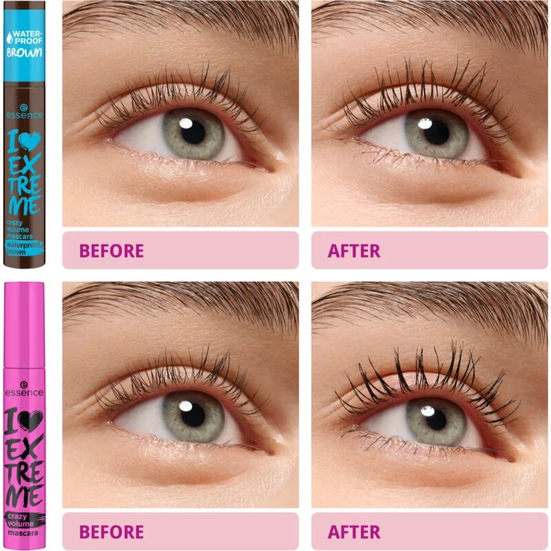 essence I LOVE EXTREME crazy volume vízálló és tömegnövelő szempillaspirál árnyalat 01 Cozy Brown 12 ml