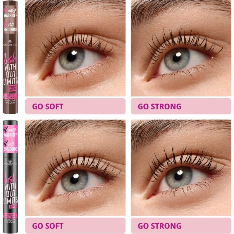 essence lash WITHOUT LIMITS TUBING dúsító és hosszabbító szempillaspirál árnyalat 05 Faux Real 13 ml