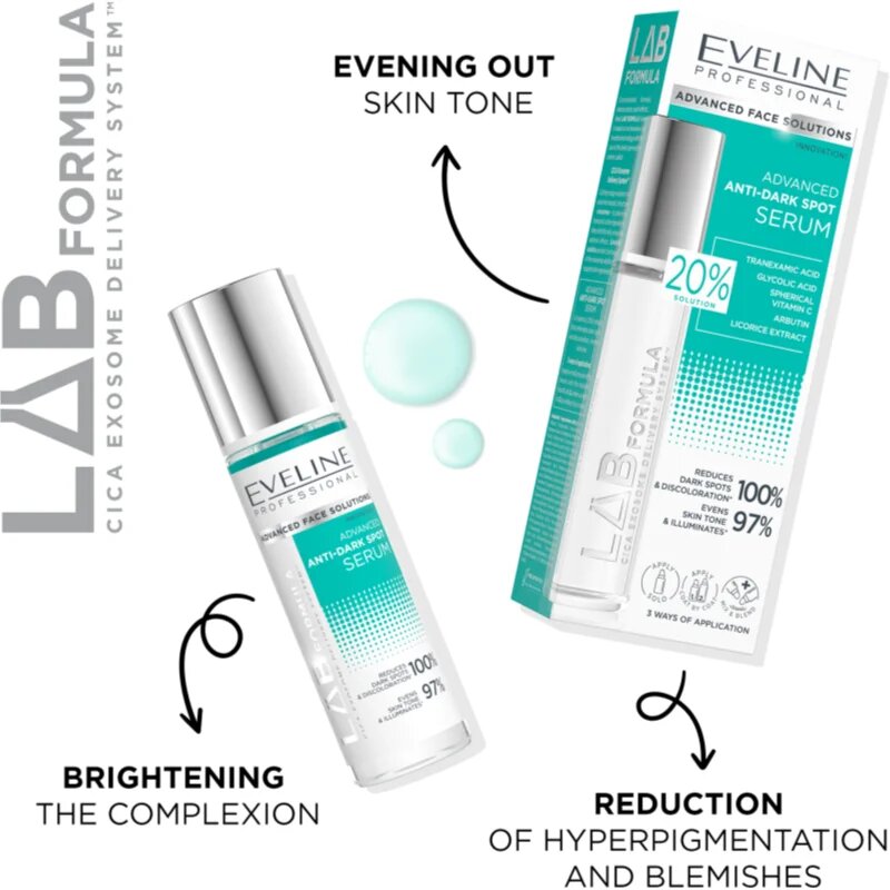 Eveline Cosmetics LAB Formula 20% Solution tónusegyesítő ápolás hiperpigmentációs arcbőrre 30 ml