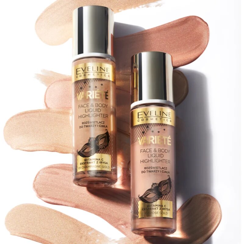 Eveline Cosmetics Variété folyékony bőrélénkítő arcra és testre árnyalat 01 Sparkling Wine Gold 30 ml