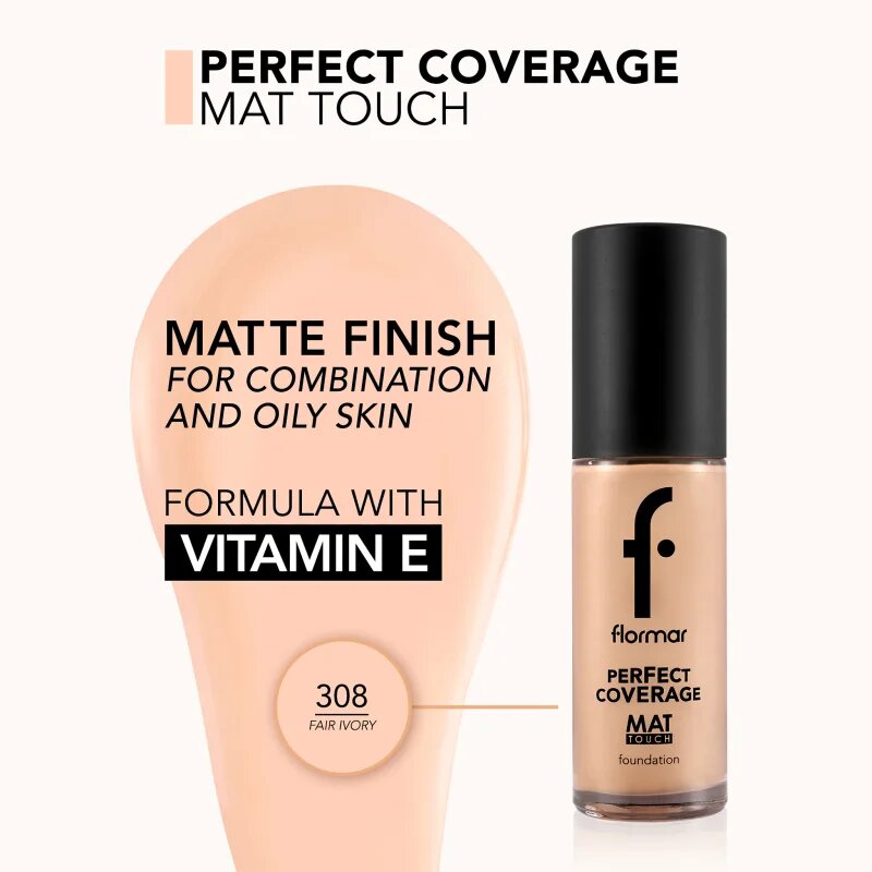 flormar Perfect Coverage Mat Touch Foundation mattító alapozó kombinált és zsíros bőrre árnyalat 308 Fair Ivory 30 ml
