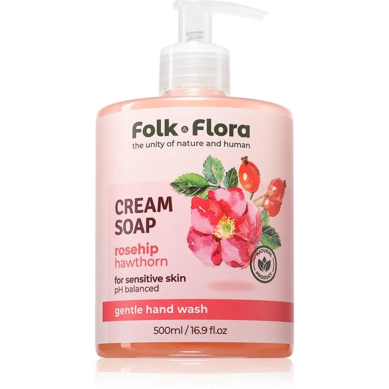 Folk & Flora Rosehip & Hawthorn krémes folyékony szappan az érzékeny bőrre 500 ml