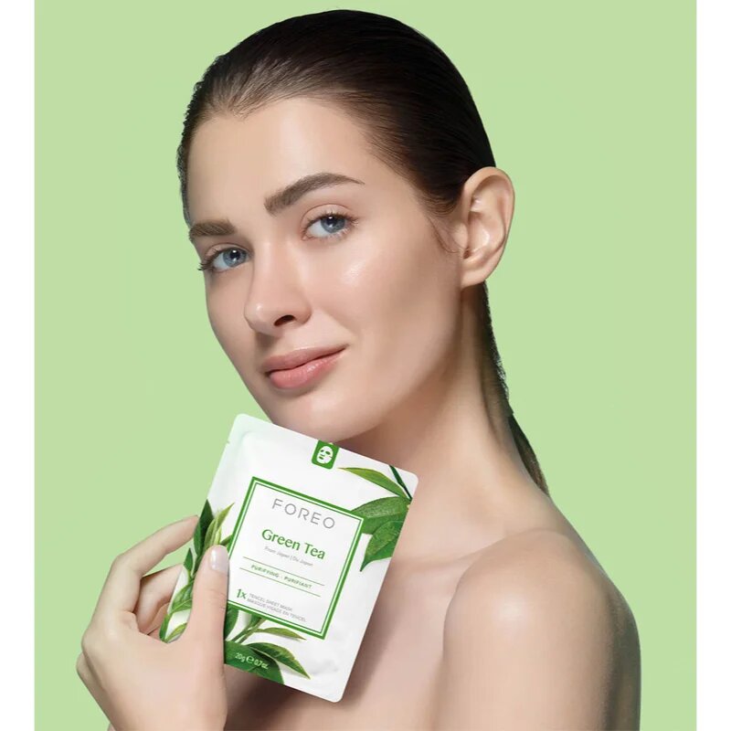 FOREO Farm to Face Sheet Mask Green Tea arcmaszk nyugtató hatással kombinált bőrre 3x20 g