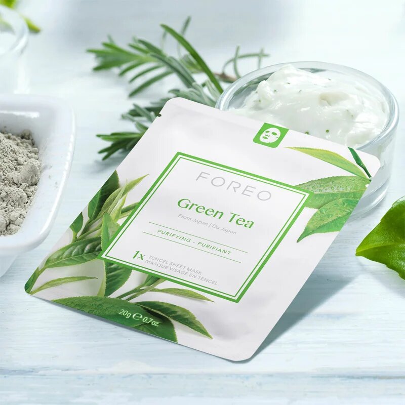 FOREO Farm to Face Sheet Mask Green Tea arcmaszk nyugtató hatással kombinált bőrre 3x20 g