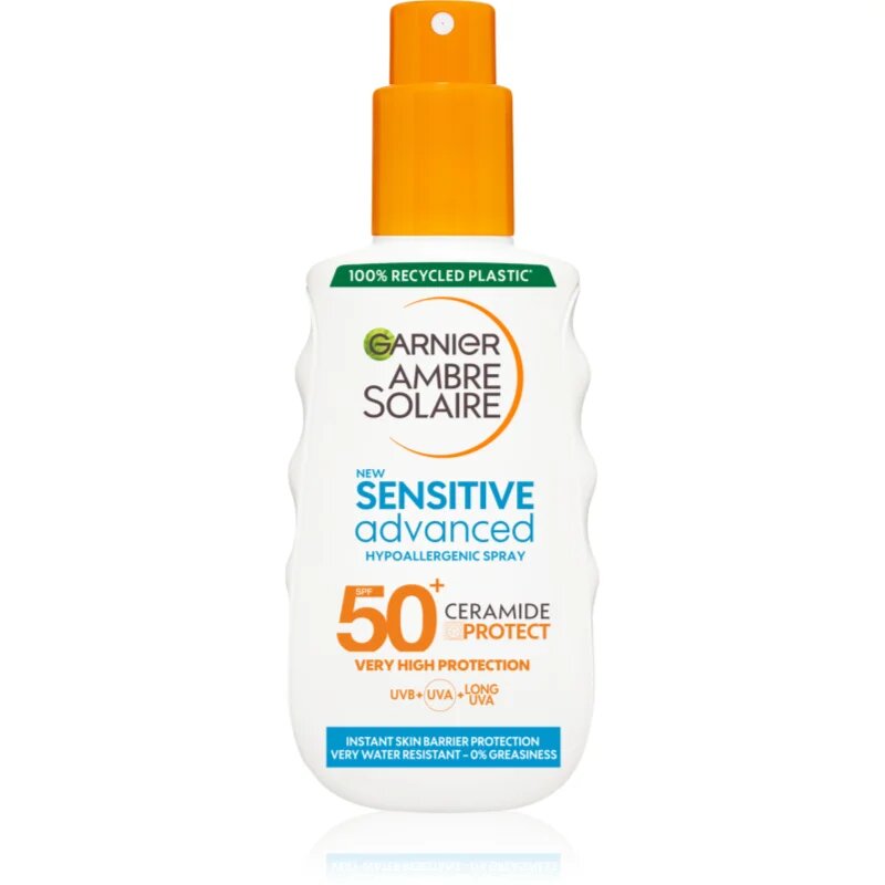 Garnier Ambre Solaire Sensitive Advanced védő napozótej spray formában SPF 50+ az érzékeny bőrre 150 ml