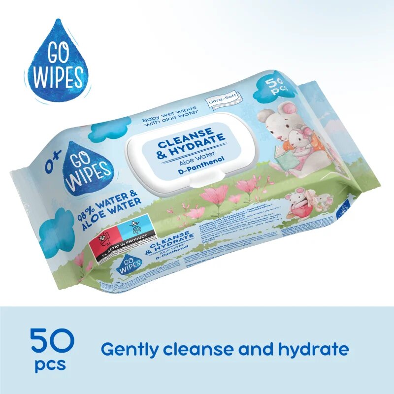 GoWipes Cleanse & Hydrate finom nedves törlőkendők gyermekeknek az érzékeny bőrre aloe vera 0+ 50 db