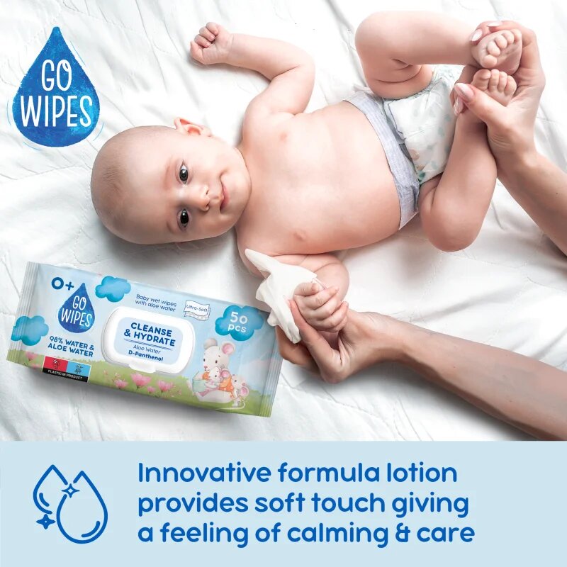 GoWipes Cleanse & Hydrate finom nedves törlőkendők gyermekeknek az érzékeny bőrre aloe vera 0+ 50 db