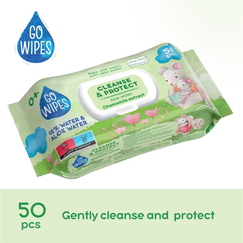 GoWipes Cleanse & Protect Chamomile extract finom nedves törlőkendők gyermekeknek aloe verával 50 db