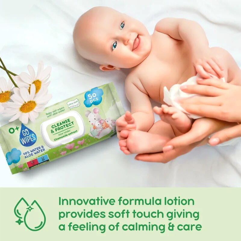 GoWipes Cleanse & Protect Chamomile extract finom nedves törlőkendők gyermekeknek aloe verával 50 db