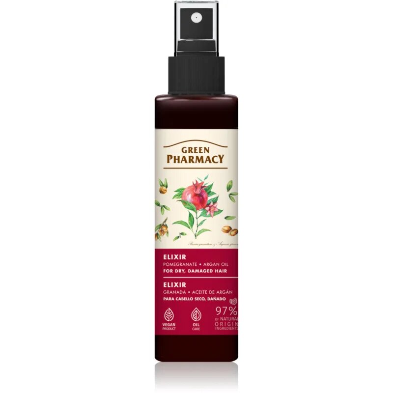 Green Pharmacy Argan Oil & Pomegranate Elixir öblítést nem igénylő elixír a sérült töredezett hajra 150 ml