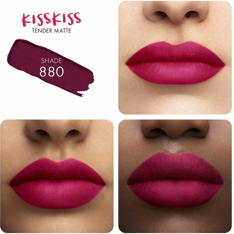 GUERLAIN KissKiss Tender Matte Ultra matt hosszantrató rúzs árnyalat 880 Caress Plum 2.8 g
