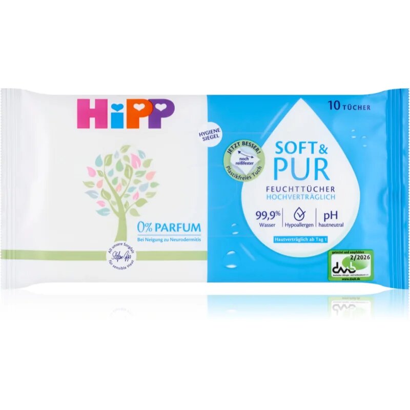 Hipp Soft & Pur nedves tisztító törlőkendők gyermekeknek születéstől kezdődően 10 db