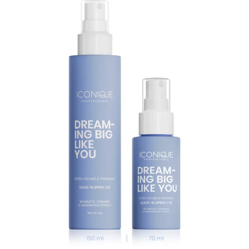 ICONIQUE Professional DREAMING BIG LIKE YOU Volume & Thickness leöblítést nem igénylő spray dúsabb hatásért gyenge hajra 70 ml