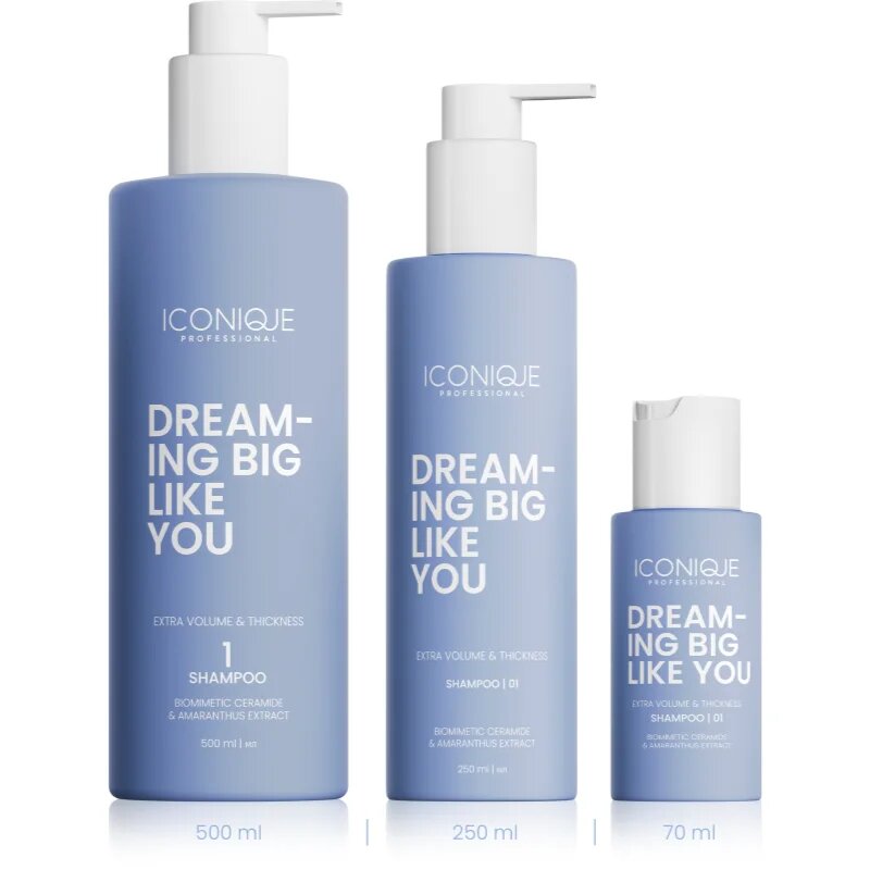 ICONIQUE Professional DREAMING BIG LIKE YOU Volume & Thickness sampon dúsabb hatásért gyenge hajra 500 ml