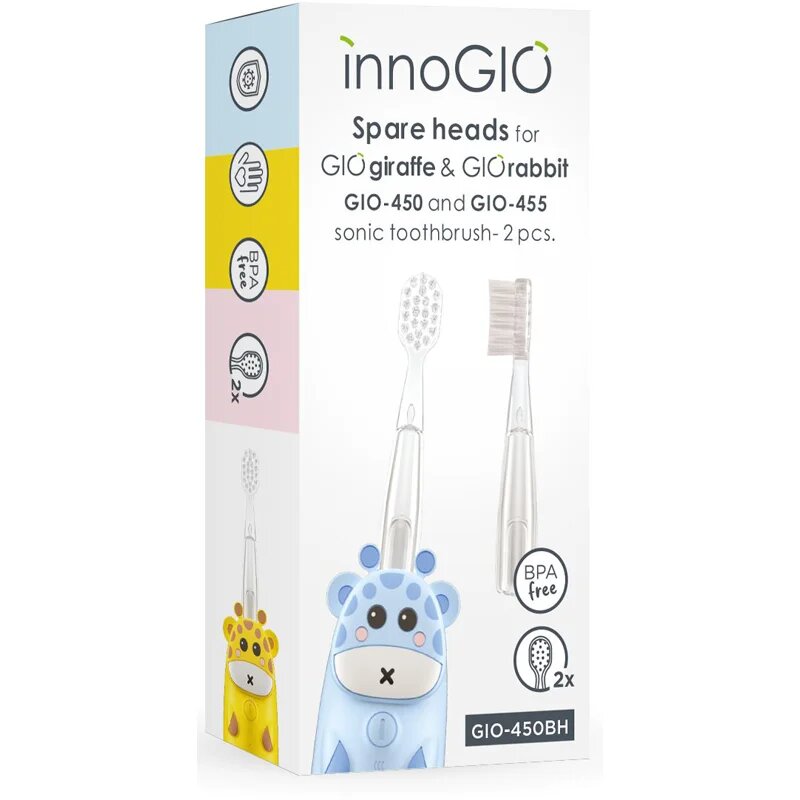 innoGIO GIOGiraffe & GIORabbit Spare Heads Transparent csere fejek a fogkeféhez gyermekeknek GIOGiraffe & GIORabbit Sonic Toothbrush 2 db