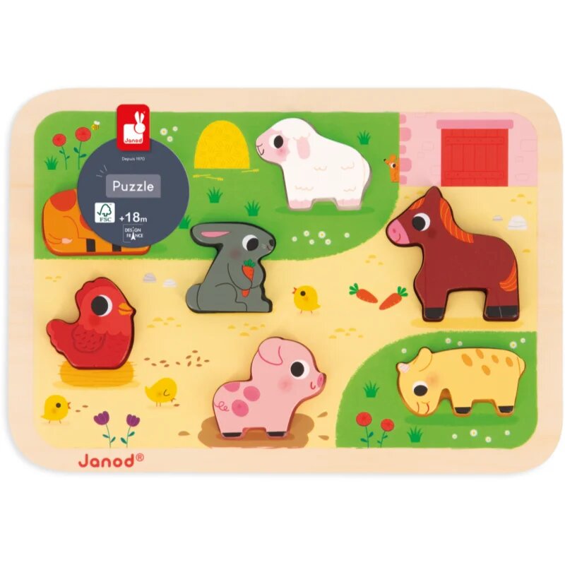 Janod Chunky Farm Puzzle interaktív formaberakó játék 18m+ 7 db