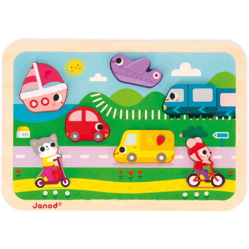 Janod Chunky Puzzle Vehicles interaktív formaberakó játék 18m+ 7 db