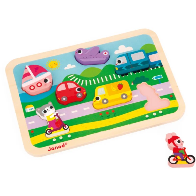Janod Chunky Puzzle Vehicles interaktív formaberakó játék 18m+ 7 db