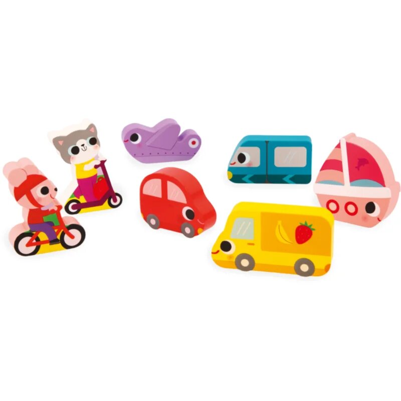 Janod Chunky Puzzle Vehicles interaktív formaberakó játék 18m+ 7 db