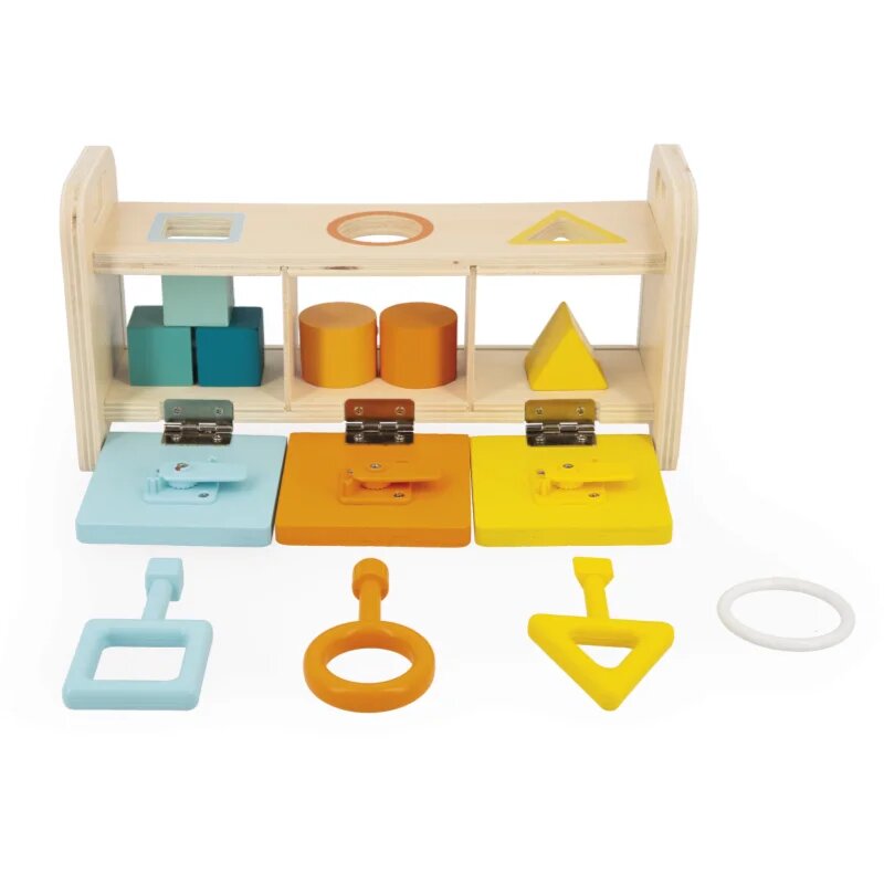 Janod Shape Sorter Box with Keys interaktív formaberakó játék 18m+ 1 db