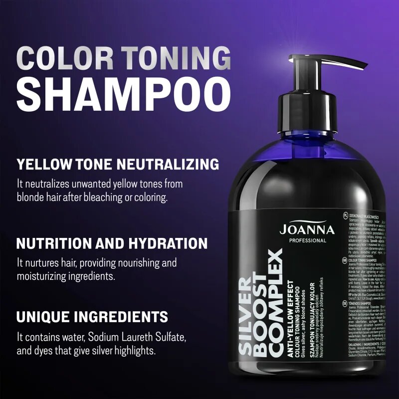 Joanna Silver Boost Complex lila sampon semlegesíti a sárgás tónusokat 500 g