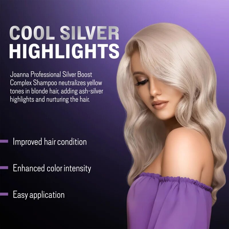 Joanna Silver Boost Complex lila sampon semlegesíti a sárgás tónusokat 500 g