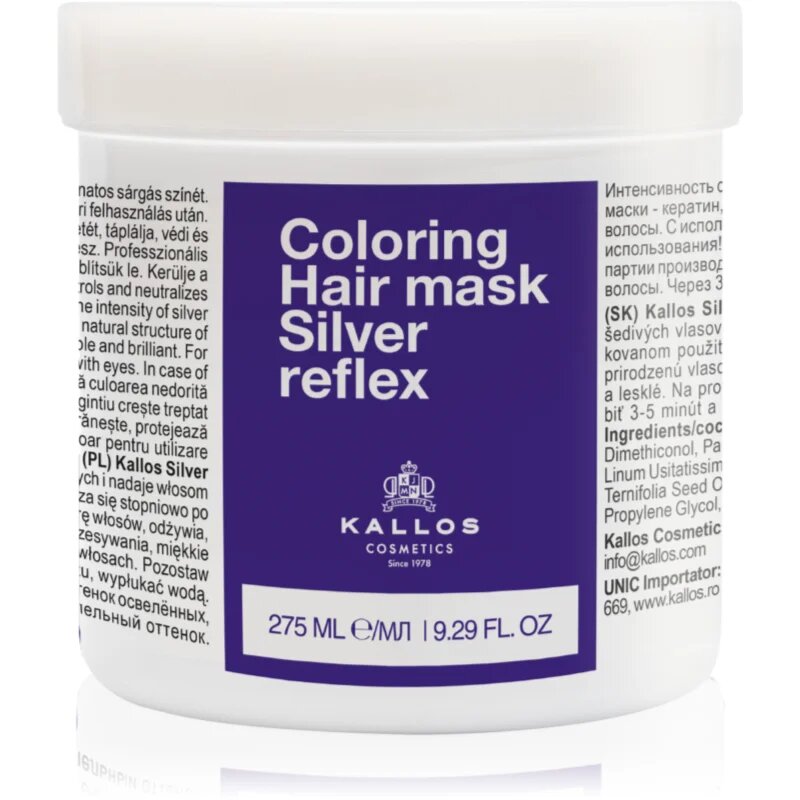 Kallos Coloring Hair Mask Silver Reflex haj maszk semlegesíti a sárgás tónusokat 275 ml