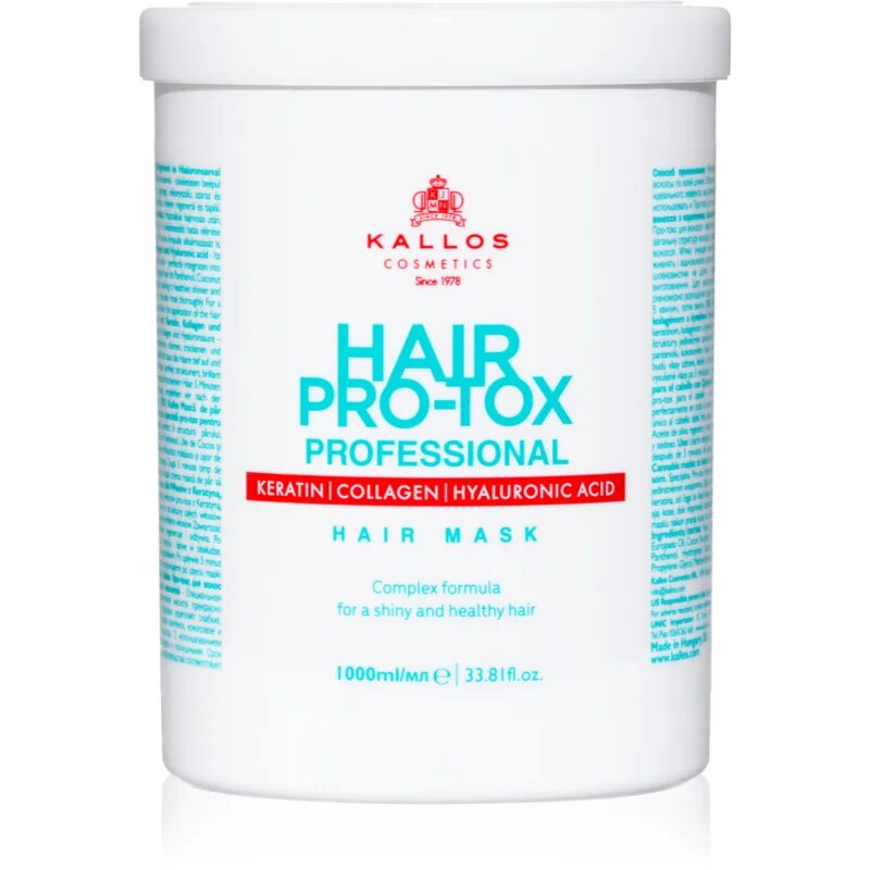 Kallos Hair Pro-Tox maszk a gyenge és sérült hajra kókuszolajjal hyaluronsavval és kollagénnel 1000 ml