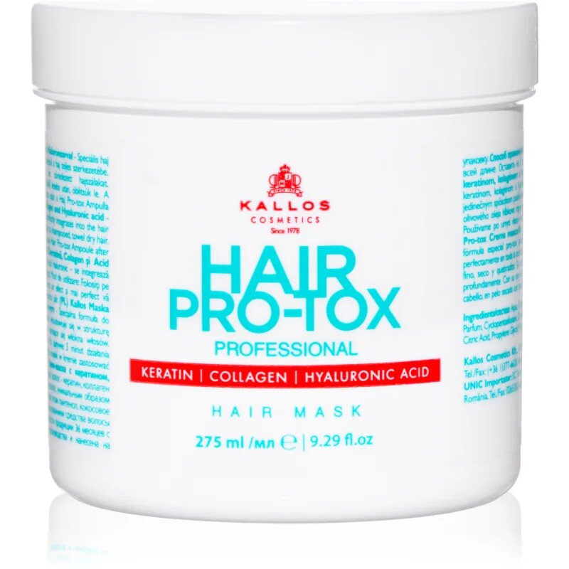Kallos Hair Pro-Tox maszk a gyenge és sérült hajra kókuszolajjal hyaluronsavval és kollagénnel 275 ml