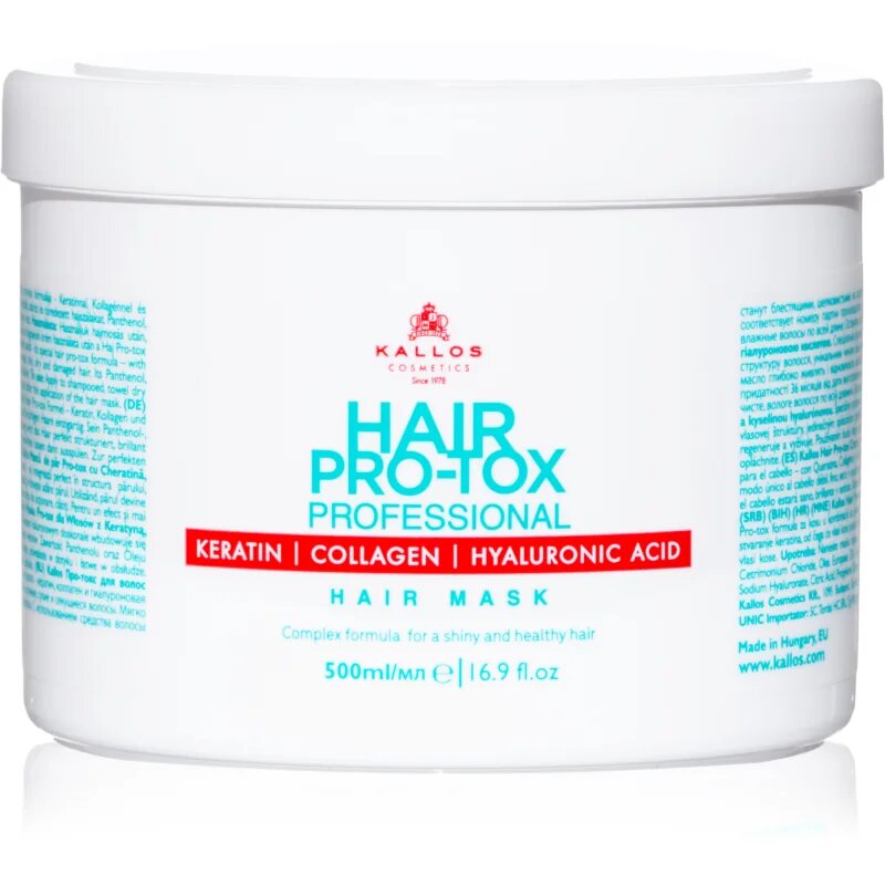 Kallos Hair Pro-Tox maszk a gyenge és sérült hajra kókuszolajjal hyaluronsavval és kollagénnel 500 ml