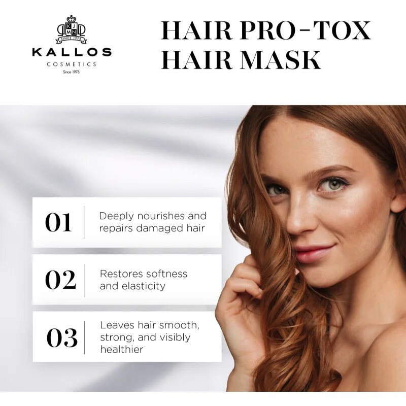 Kallos Hair Pro-Tox maszk a gyenge és sérült hajra kókuszolajjal hyaluronsavval és kollagénnel 500 ml