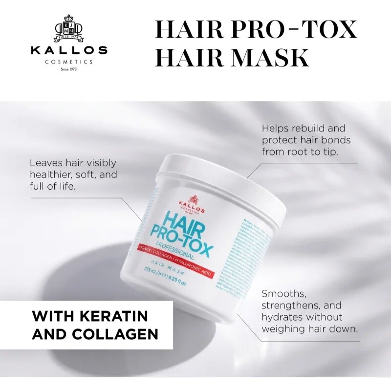 Kallos Hair Pro-Tox maszk a gyenge és sérült hajra kókuszolajjal hyaluronsavval és kollagénnel 500 ml