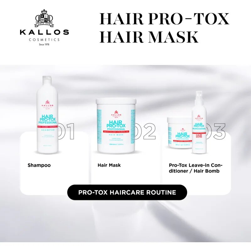 Kallos Hair Pro-Tox maszk a gyenge és sérült hajra kókuszolajjal hyaluronsavval és kollagénnel 500 ml