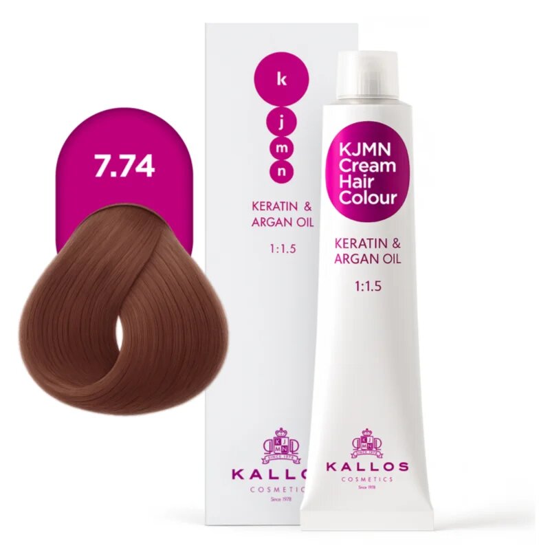 Kallos KJMN Professional Cream Hair Colour Keratin & Argan Oil hajfesték keratinnal és argán olajjal árnyalat 7.74 Oak 100 ml