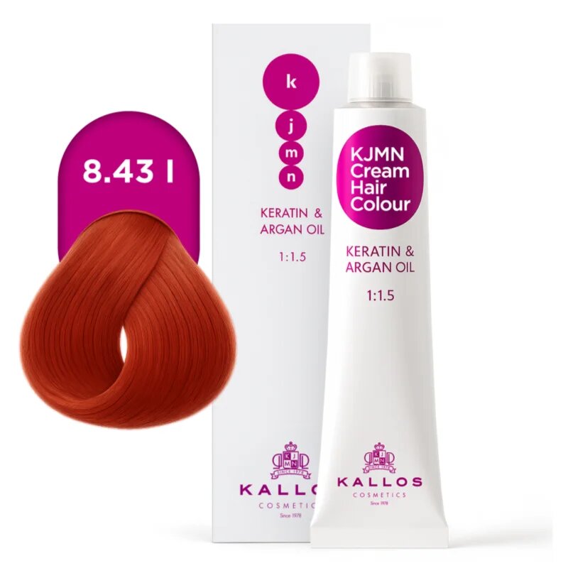 Kallos KJMN Professional Cream Hair Colour Keratin & Argan Oil hajfesték keratinnal és argán olajjal árnyalat 8.43 l Intense Coral Red 100 ml