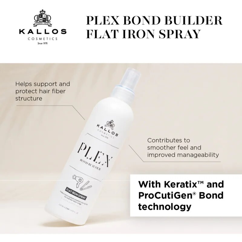 Kallos Plex Flat Iron Spray hővédő spray hajsütővassal és hajvasalóval kezelt hajra sérült vegyileg kezelt hajra 200 ml