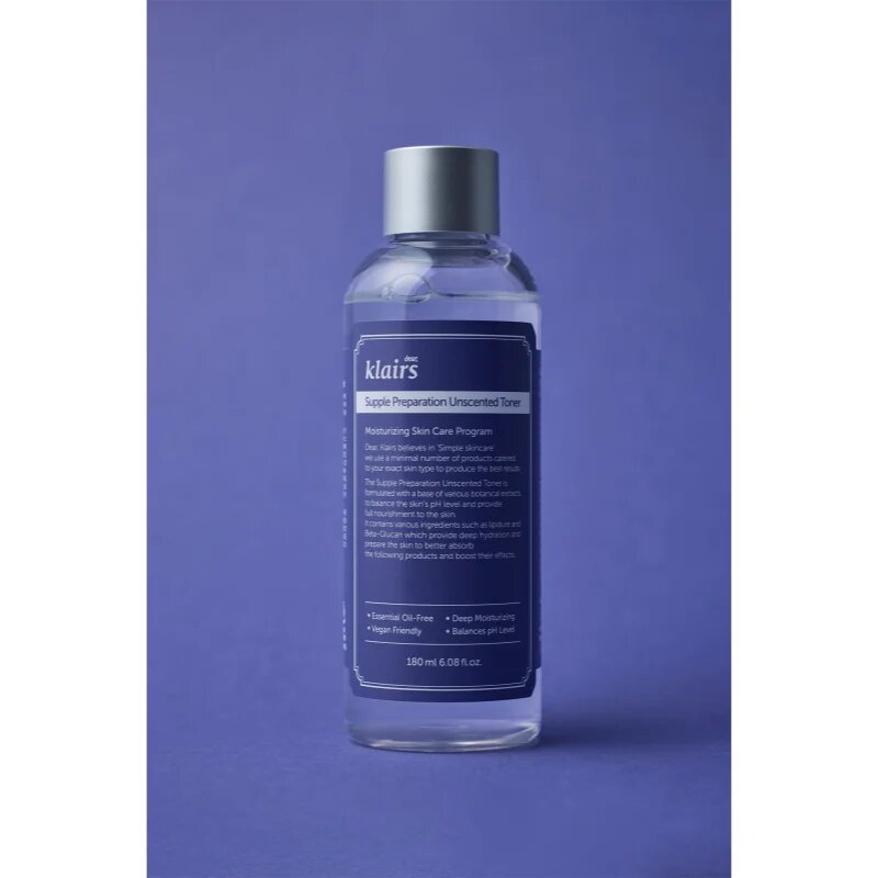Klairs Supple Preparation Unscented Toner hidratáló tonik a bőr pH-értékének kiegyensúlyozására parfümmentes 180 ml