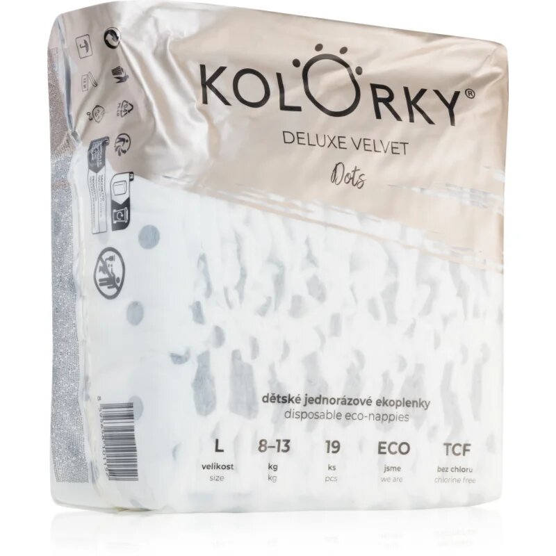 Kolorky Deluxe Velvet Dots eldobható pelenkák L méret 8-13 kg 19 db