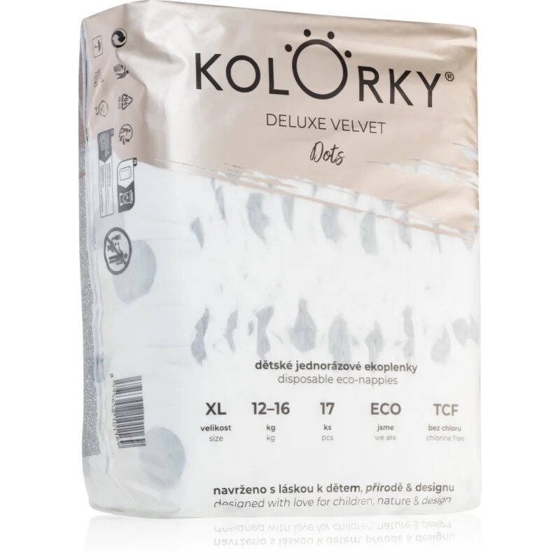 Kolorky Deluxe Velvet Dots eldobható pelenkák XL méret 12-16 kg 17 db
