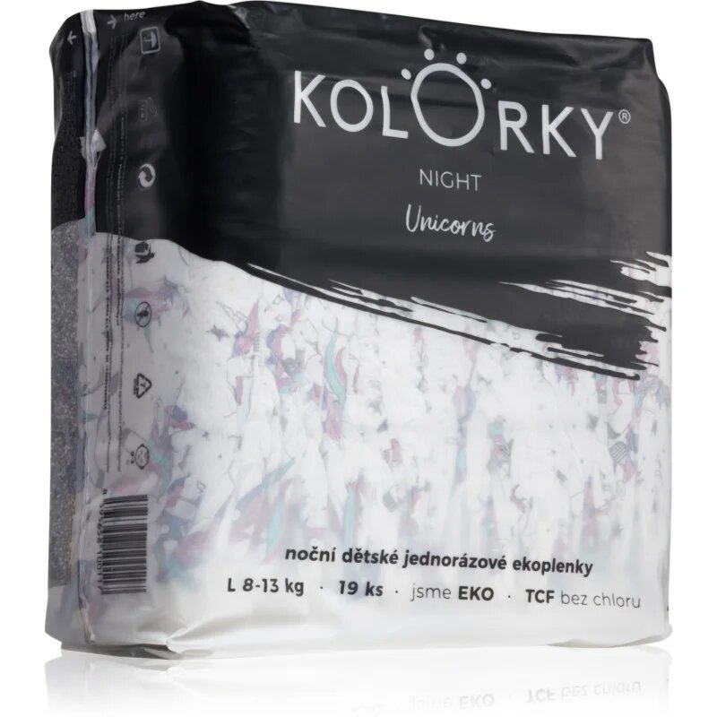 Kolorky Night Unicorn eldobható pelenkák az éjszakán át tartó teljeskörű védelemért L méret 8-13 Kg 19 db