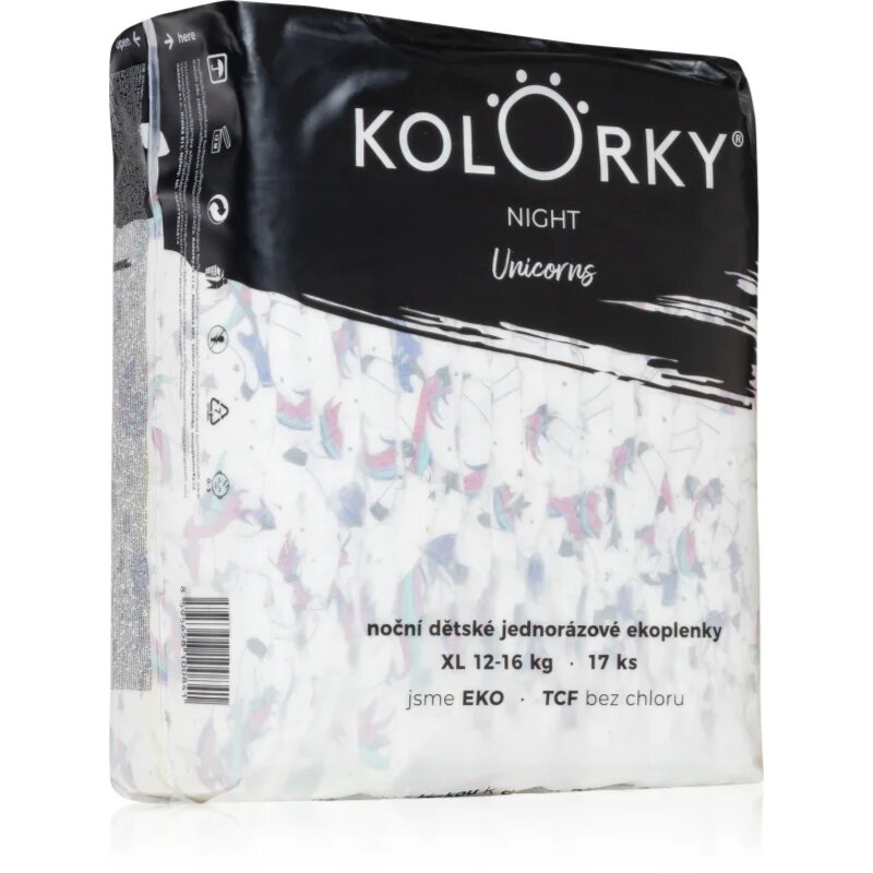 Kolorky Night Unicorn eldobható pelenkák az éjszakán át tartó teljeskörű védelemért XL méret 12-16 Kg 17 db