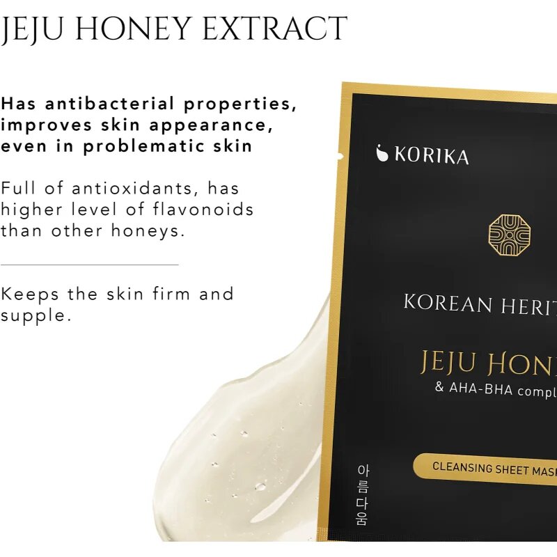 KORIKA Korean Heritage Jeju Honey & AHA-BHA Complex Cleansing Sheet Mask szövet arcmaszk tisztító hatással 25 g