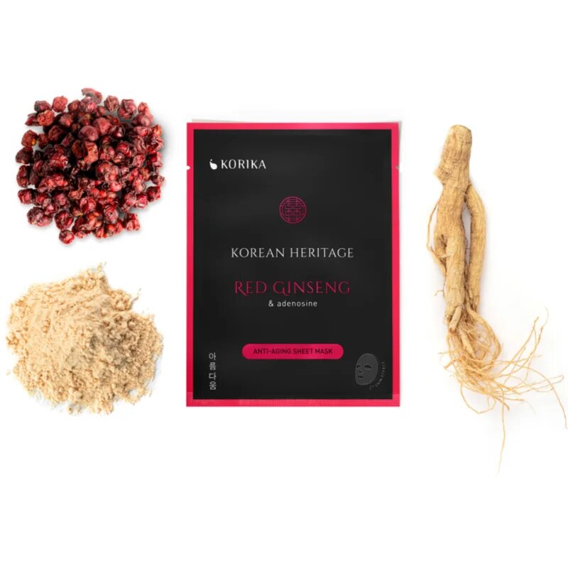 KORIKA Korean Heritage Red Ginseng & Adenosine Anti-aging Sheet Mask arcmaszk szett kedvezményes áron a bőr öregedése ellen és a bőr feszesítéséért