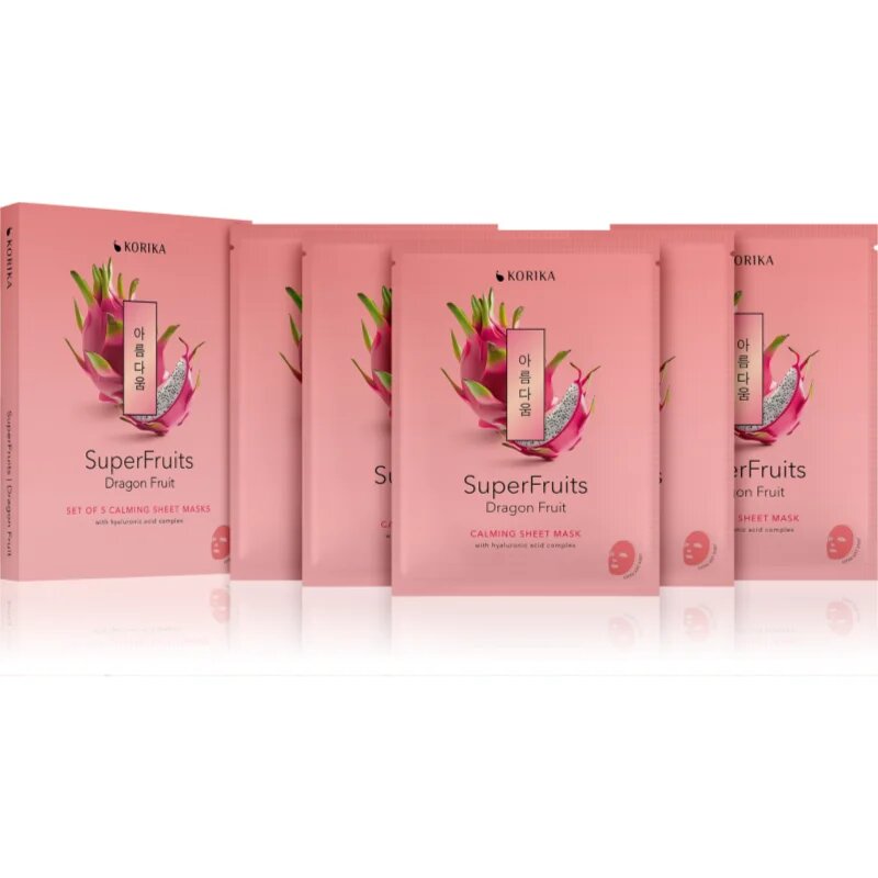 KORIKA SuperFruits Dragon Fruit - Set of 5 Calming Face Sheet Masks arcmaszk szett kedvezményes áron nyugtató hatással 5x25 g