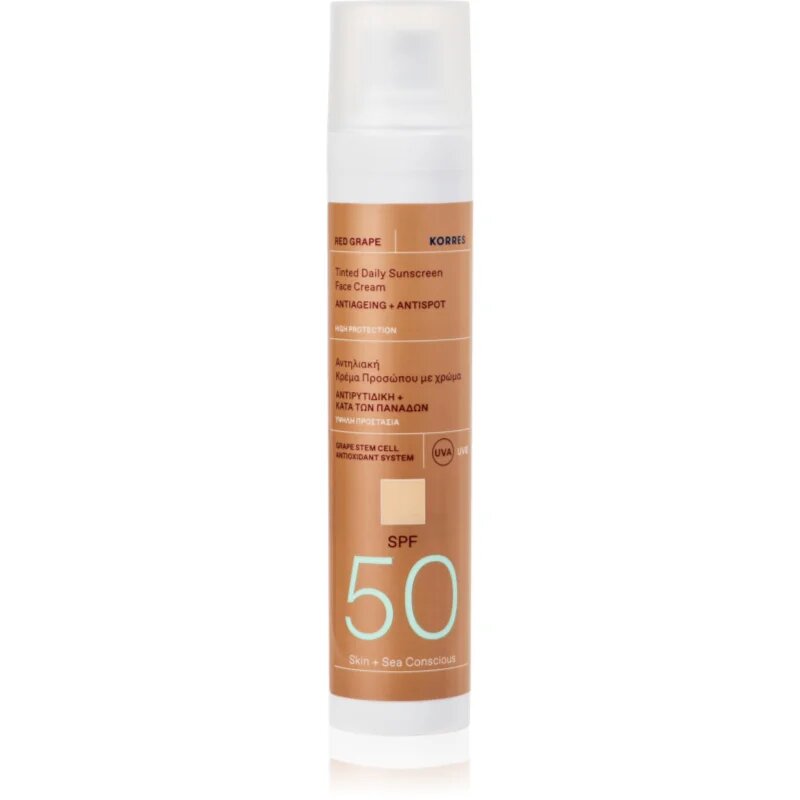 Korres Red Grape Tinted Daily Sunscreen színező napozókrém egységesíti a bőrszín tónusait SPF 50 50 ml