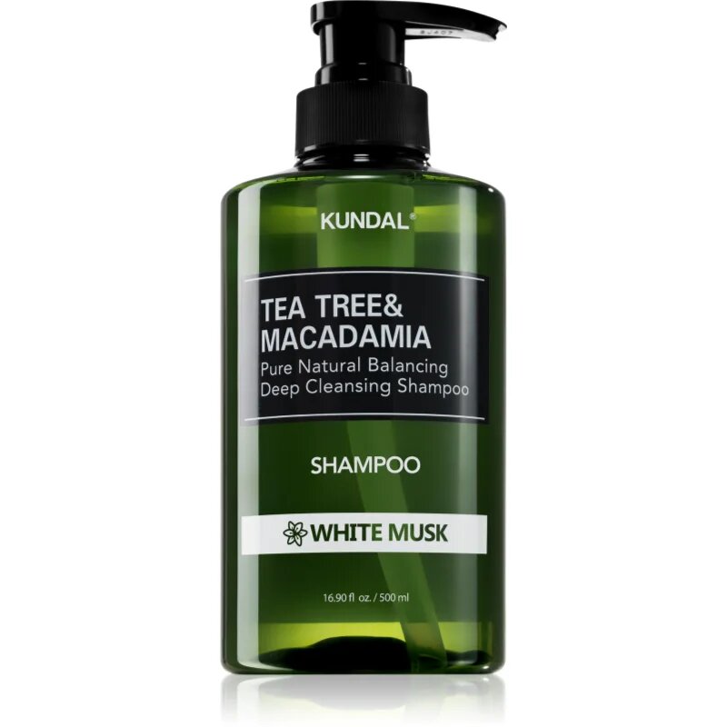 KUNDAL Tea Tree & Macadamia White Musk mélyen tisztító sampon frissítő hatással 500 ml