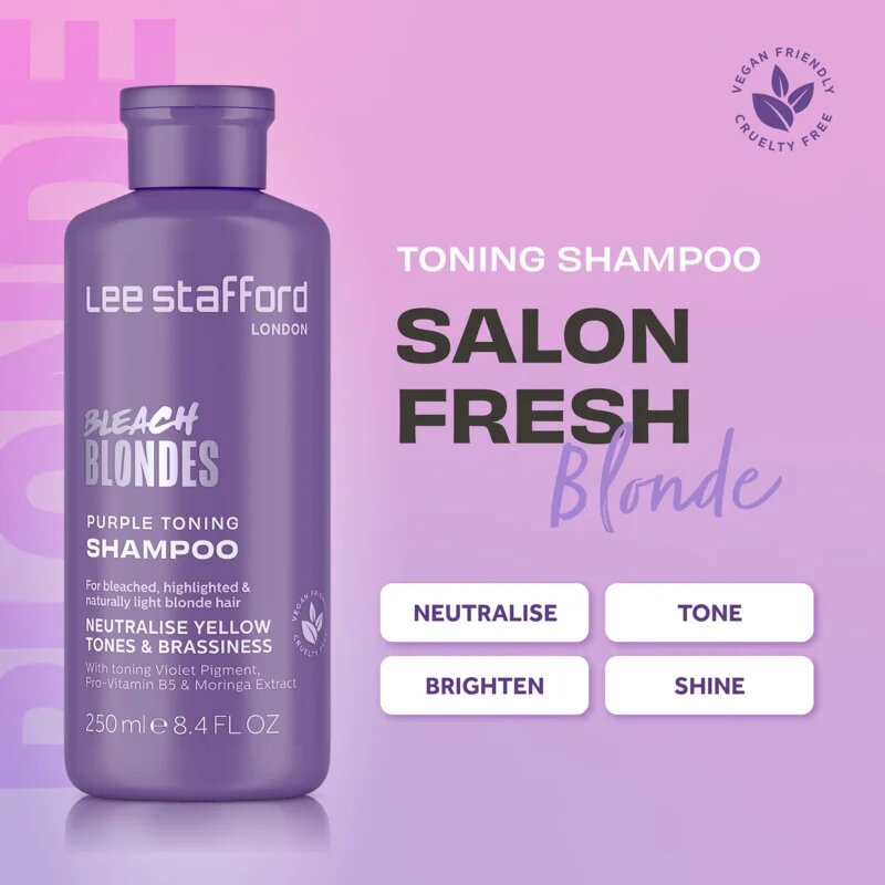 Lee Stafford Bleach Blondes Toning Shampoo sampon szőke hajra semlegesíti a sárgás tónusokat 250 ml